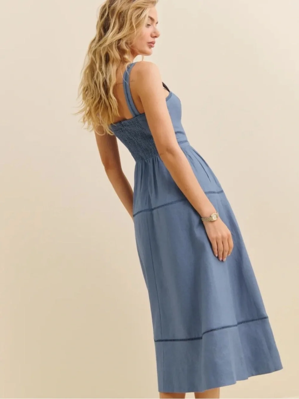Reformation Everett Linen Dress in Cornflower Blue - Picture 2 of 10